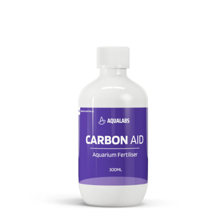 AquaLabs Carbon Aid Aquarium Fertiliser 300ml Pump bottle white text and background with purple label