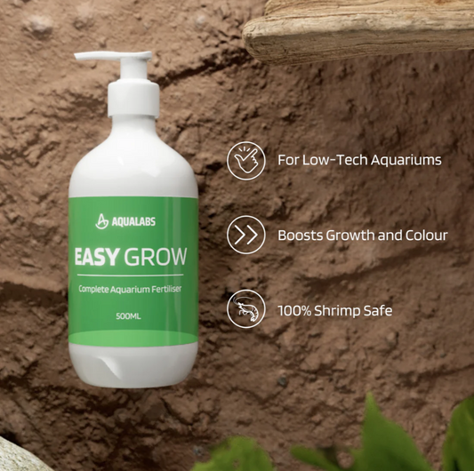 AquaLabs Easy Grow Aquarium Fertiliser Product page on Brown backgound
