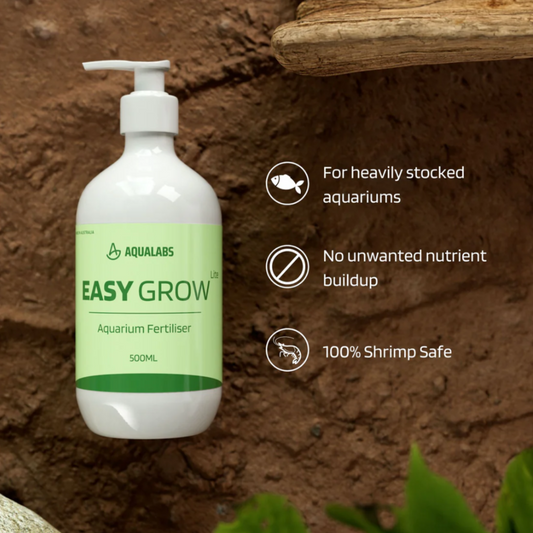 AquaLabs Easy Grow Lite Aquarium Fertiliser Product page on brown background