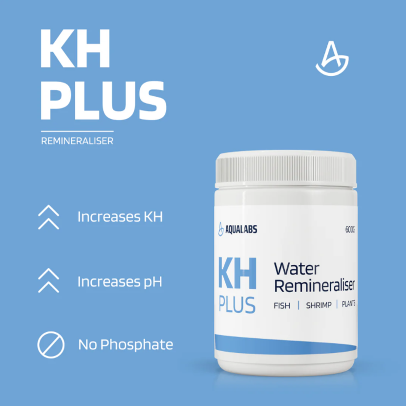 AquaLabs KH Plus Water Remineraliser Product Page, Blue background, white text