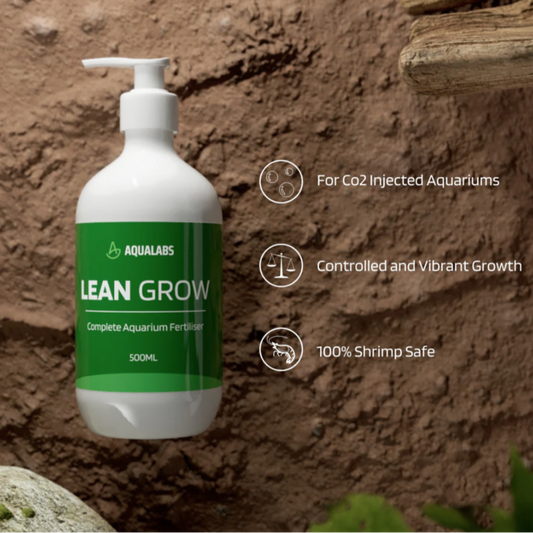 AquaLabs Lean Grow Aquarium Fertiliser Product page on brown backgound