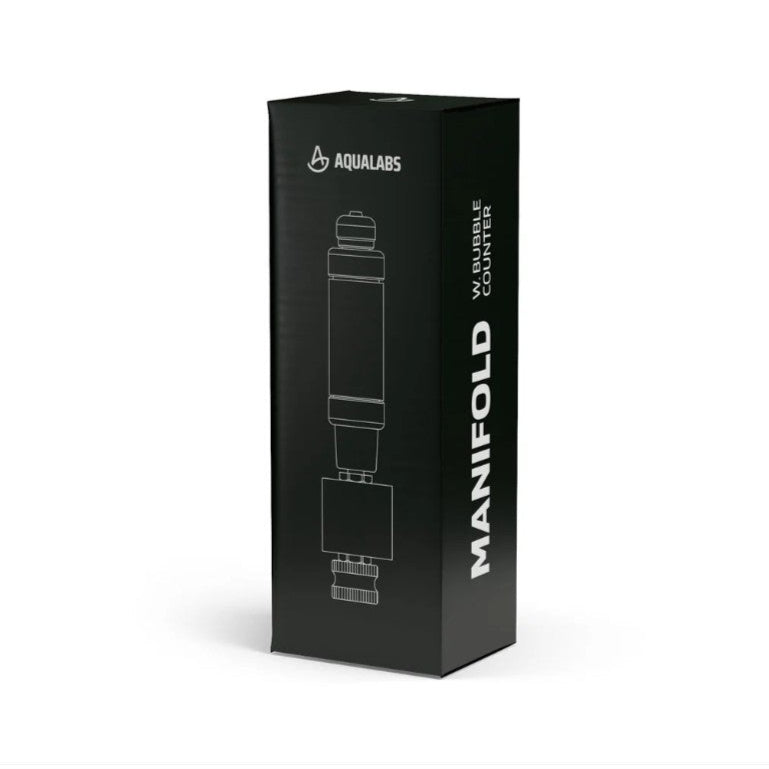 AquaLabs Manifold Extension with Bubble Counter Black box on white background