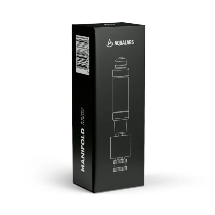 AquaLabs Manifold Extension with Bubble Counter Black box on white background