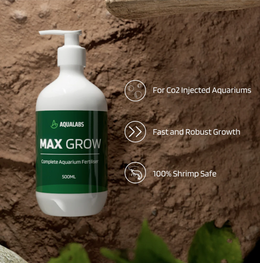 AquaLabs Max Grow Aquarium Fertiliser Product page on brown background