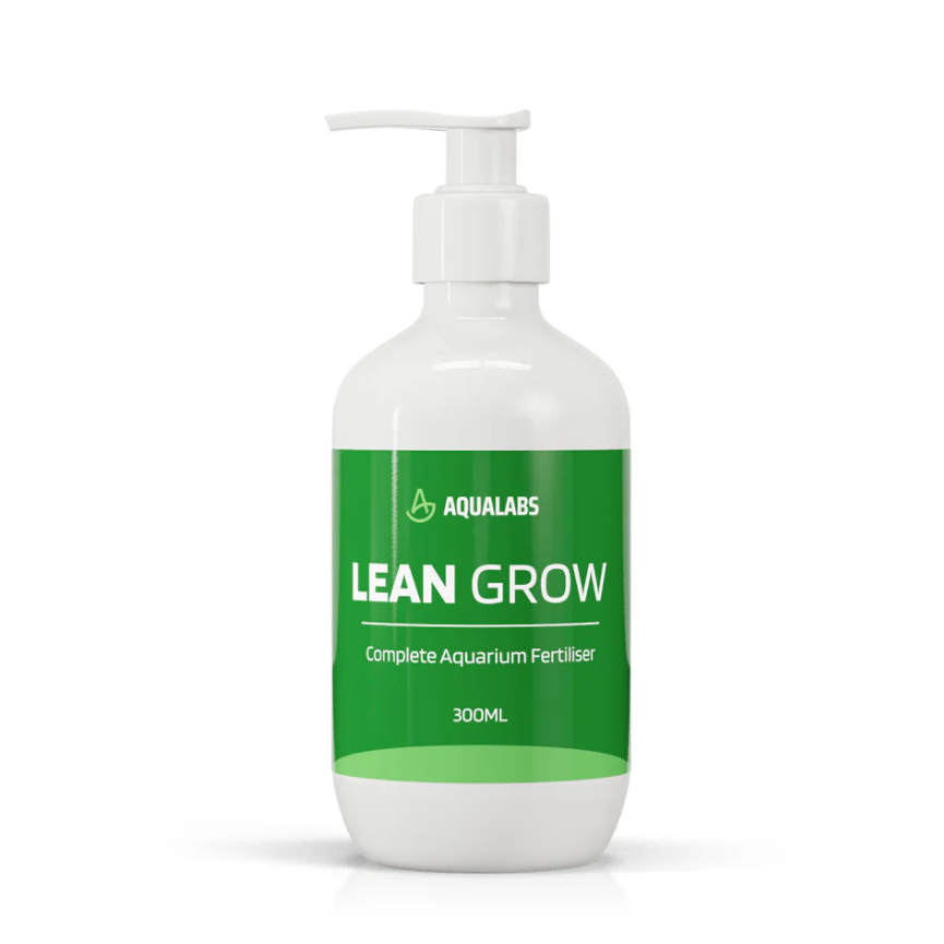 AquaLabs Lean Grow Aquarium Fertiliser 300ml green Bottle, white text on white background