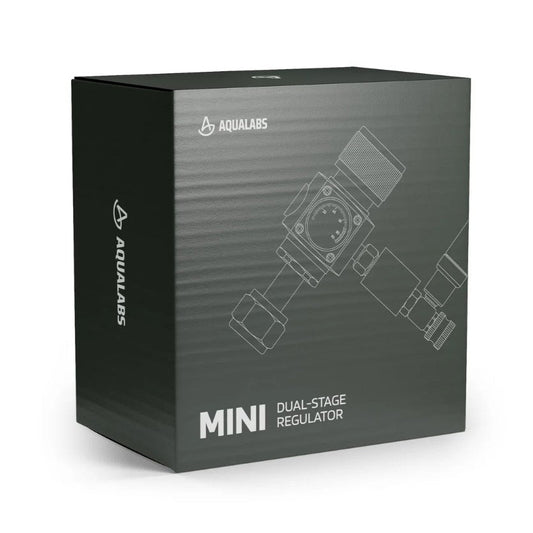 AquaLabs Mini Dual Stage CO2 Regulator in black box on white background